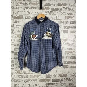 Vintage Casey & Max Large Plaid Shirt Blue Embroidered Holiday Polar Bears